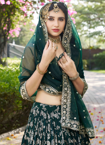 Zari Weaving Sequence Embroidered Dark Green Silk Lehenga Choli Set